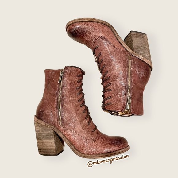 $428 Frye Vintage Brown Cognac Real Leather Distressed Zipper Lace Up Ankle Boot - Picture 11 of 11